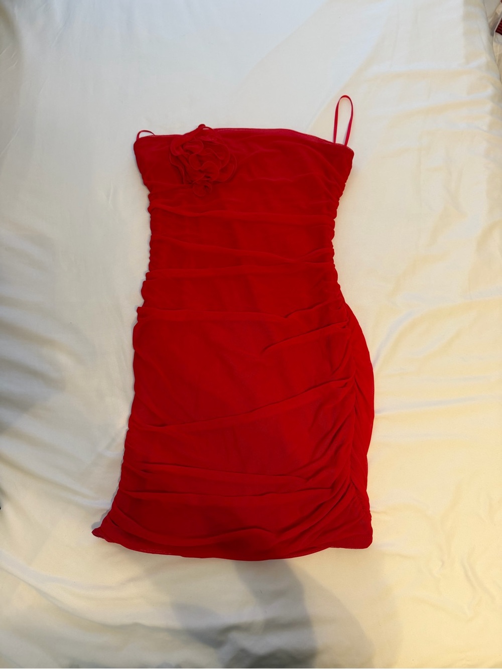 SHEIN Red Ruched Spaghetti Strap Mini Dress with Rosette